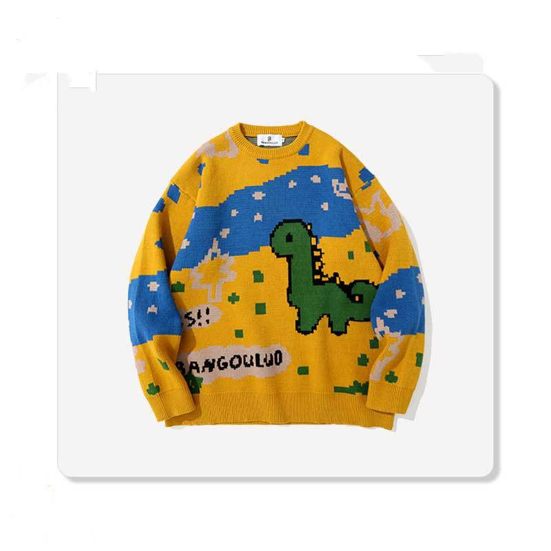 Men's Round Neck Dinosaur Print All-match Casual Loose Sweater