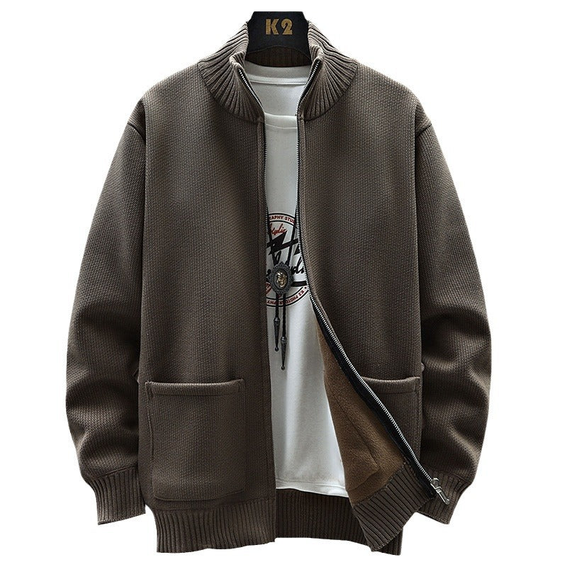 Autumn And Winter Leisure Fleece-lined Men's Cardigan Long Sleeve Youth Popularity Stand Collar Sweater
