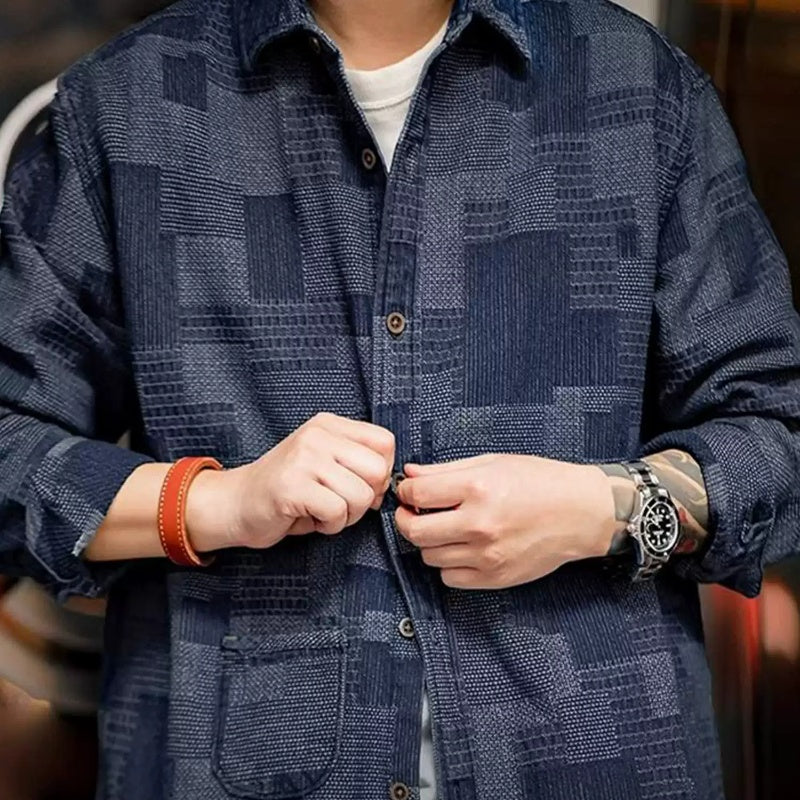 Denim Shirt Plaid Stitching Casual Long Sleeve Shirt