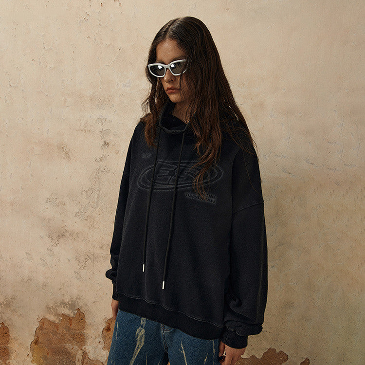 Washed Turtleneck Print Loose Retro Letter Terry Sweater