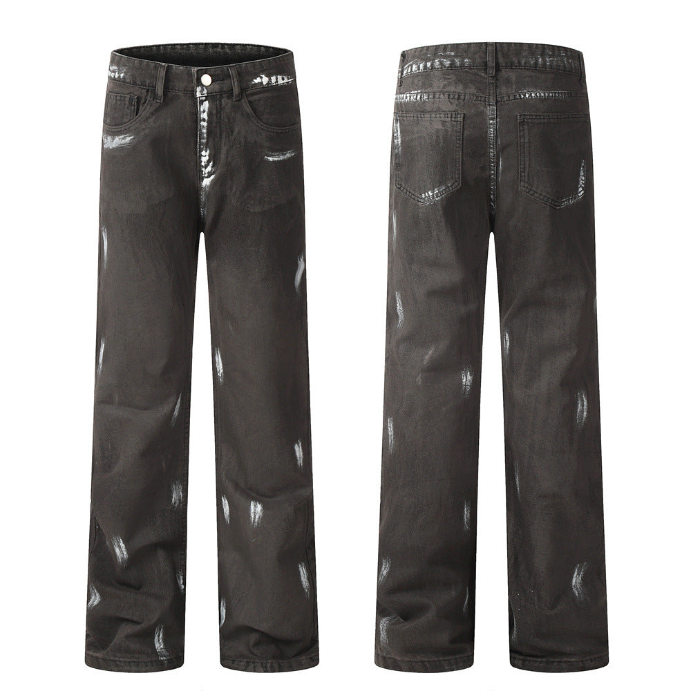 Punk Waste Soil Distressed Men Denim Straight-leg Trousers