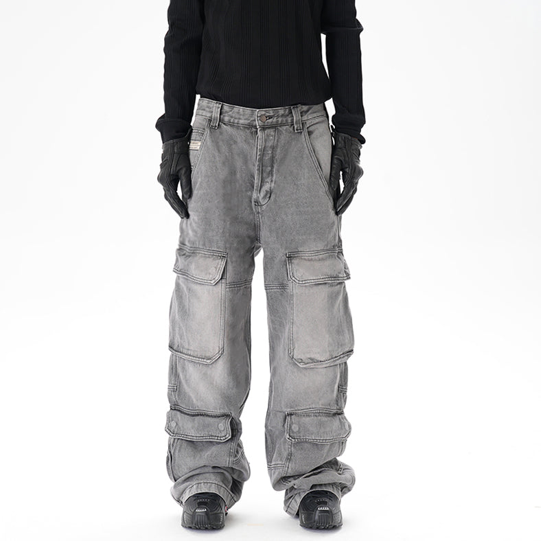 Distressed Multi-pocket Casual Loose Straight-leg Denim Overalls