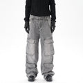 Distressed Multi-pocket Casual Loose Straight-leg Denim Overalls