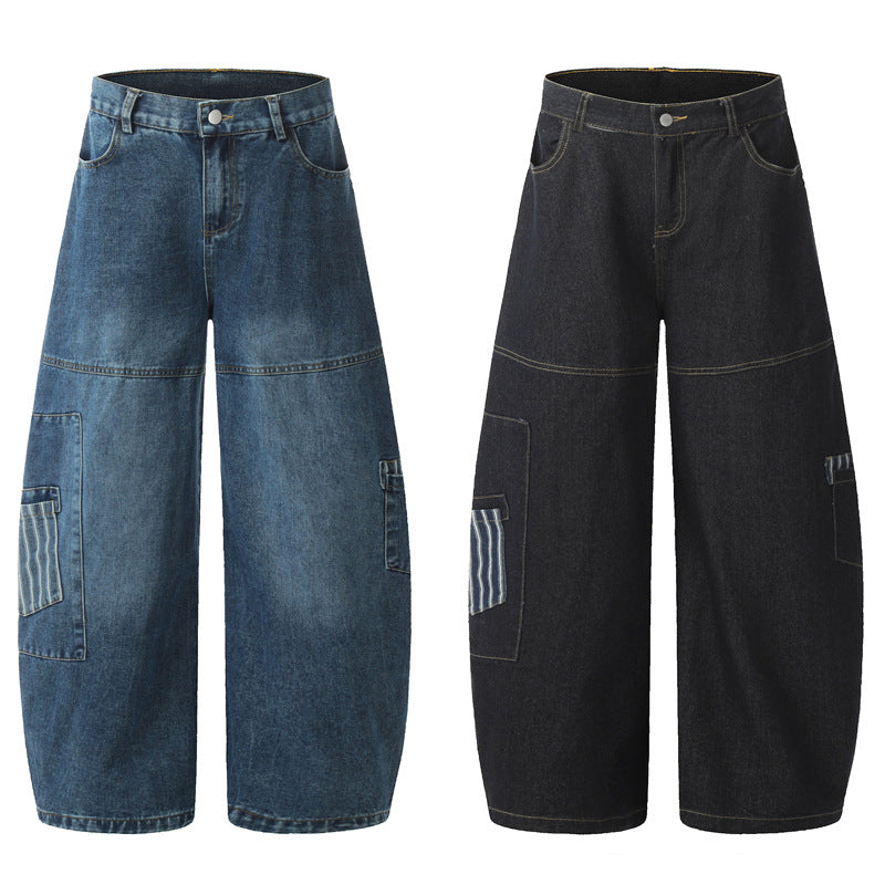 American Style Vintage Stripe Pocket Stitching Machete Jeans For Men And Women