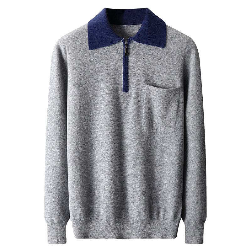 Foreign Trade Men's Autumn And Winter Contrast Color Wool Knitted Half-open Polo Long-sleeved Fleece Sweater
