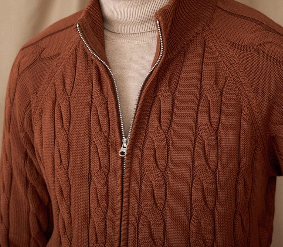 Pure Cotton Knitted British Thickened Twisted Double Zipper Cardigan