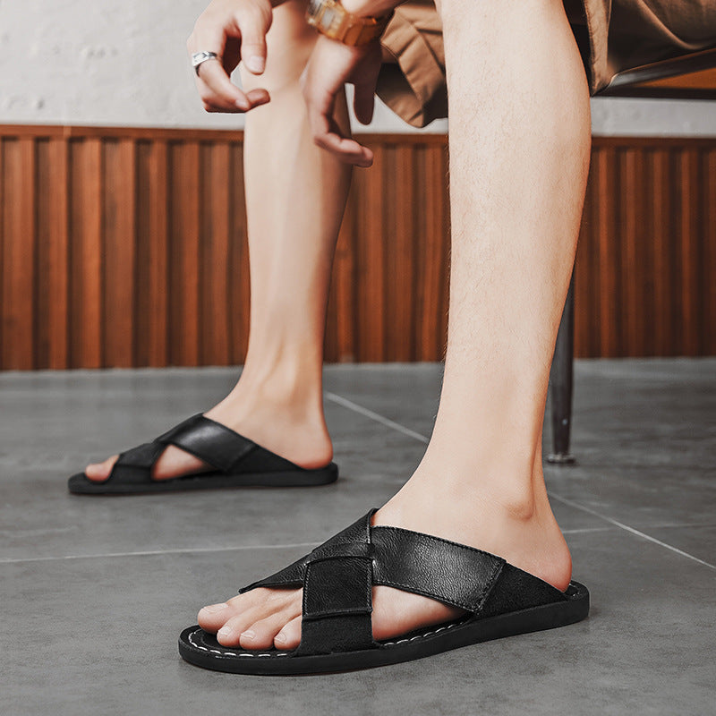 Summer New Genuine Leather Men's Breathable Casual Slip-on Beach Sandals