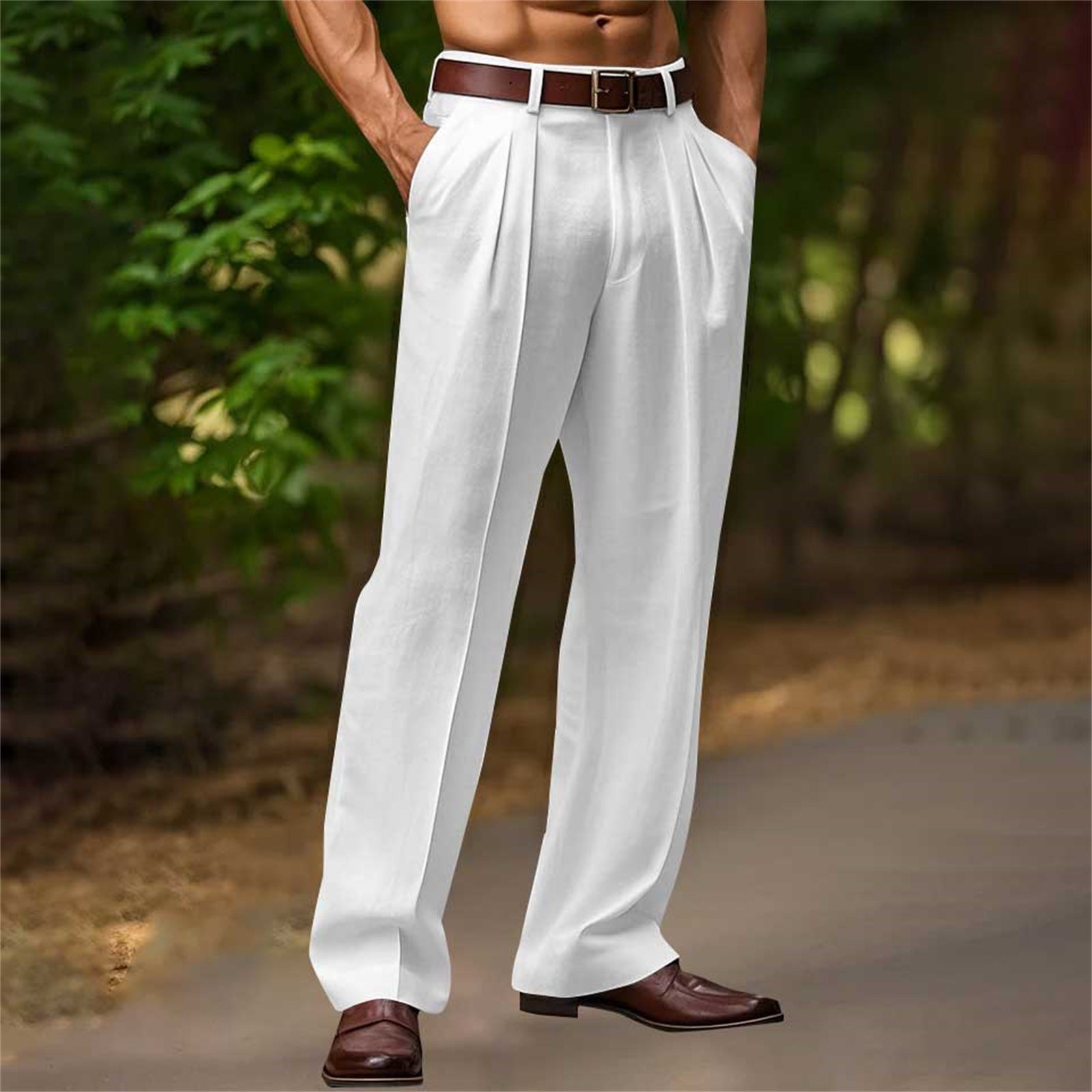 Slant Pockets Bifold Linen Solid Color Breathable And Loose Straight Men's Casual Pants
