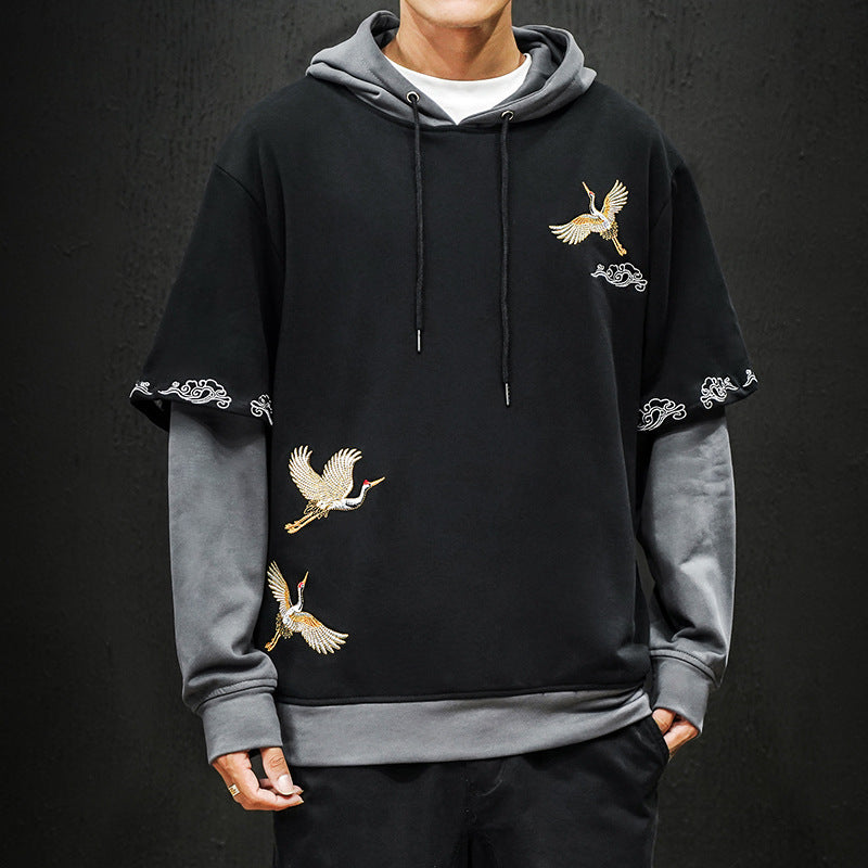 Crane Embroidered Hooded Long Sleeve Top