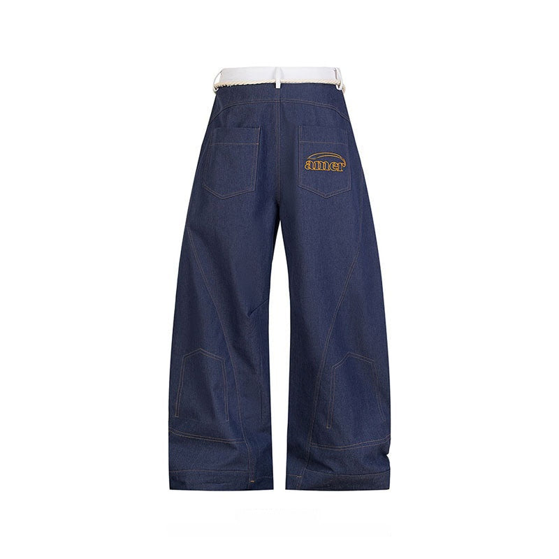American Retro Waist Strap Stitching Double Waist Machete Design Jeans