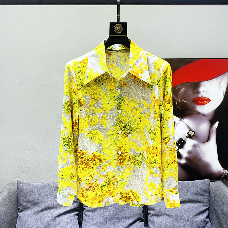 Hawaiian Style Yellow Printed Shirt Men's Loose Drooping Padded Shoulder