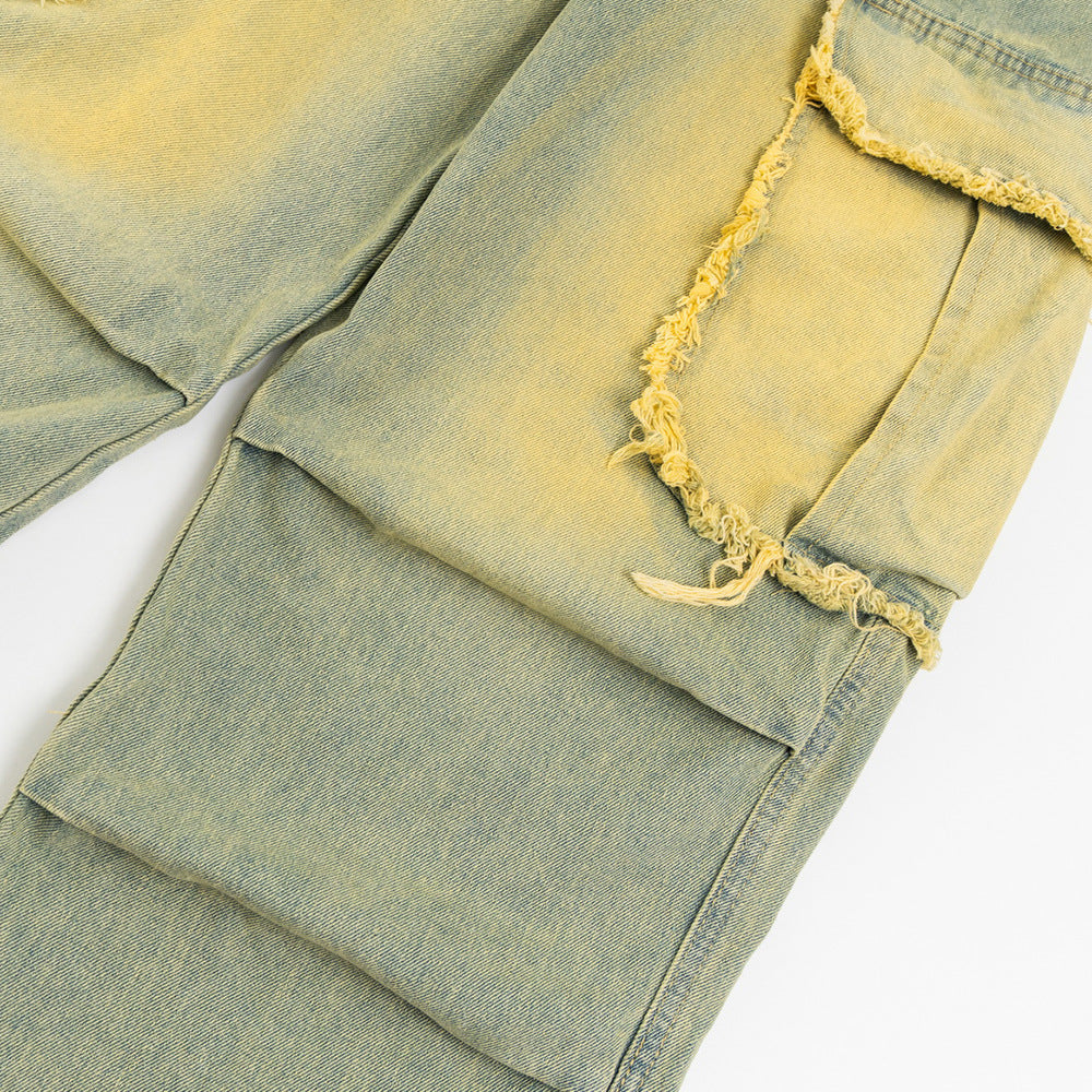 Men's Inkjet Yellow Mud Dyed Overalls Denim Trousers