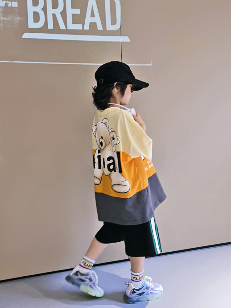 Children's Hip Hop Loose Contrast Color Cartoon Print Half Sleeve Top