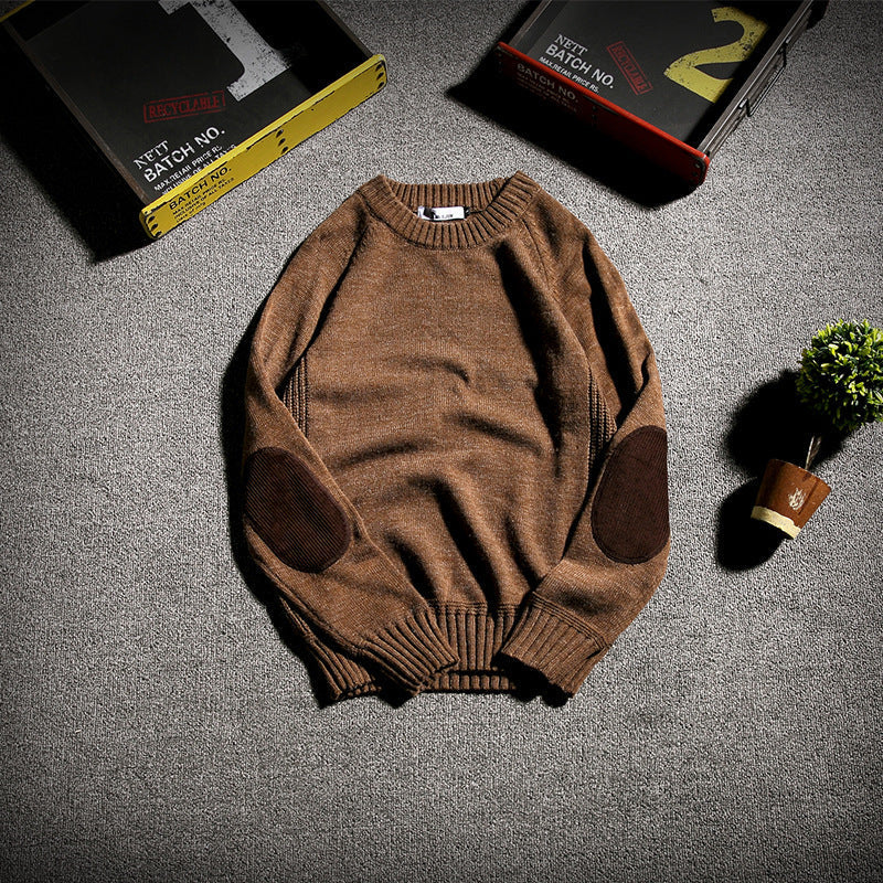 Men's Knitwear Solid Color Patch Handsome Student Crewneck Sweater