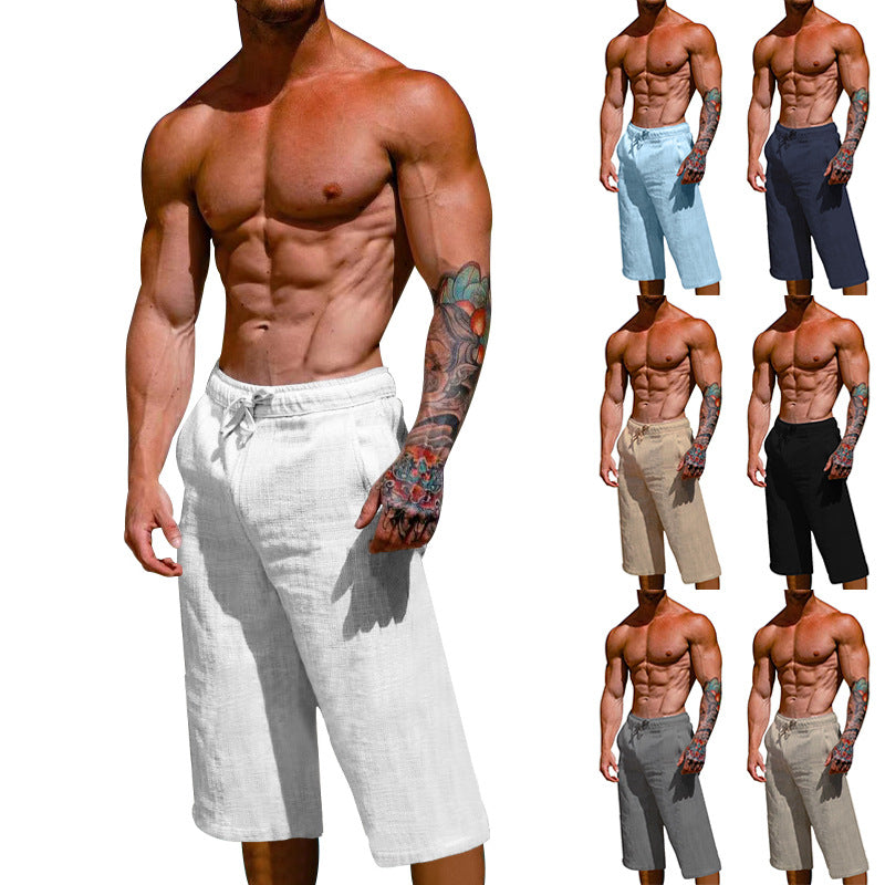 Loose Linen Cotton Breathable Cropped Pants For Men's Sports And Casual Wear