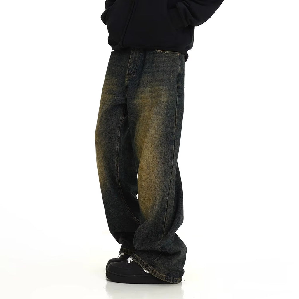 Men's Autumn American Fashion Brand Loose Yellow Mud Dyed Washed Vintage Jeans