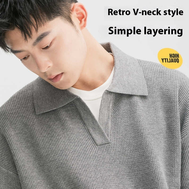 Small V-neck Pullover Vintage Lapel Sweater Men's Loose Advanced Simple Knit