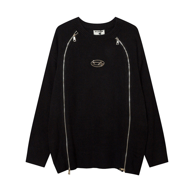 Men's High Street Two-way Zipper Patchwork Round Neck Sweater