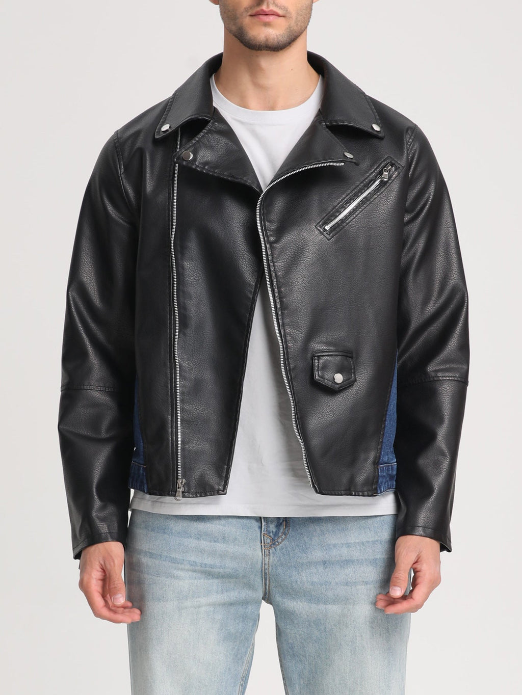 Men's Patchwork Denim Jacket, Diagonal Zipper Collared Work Jacket