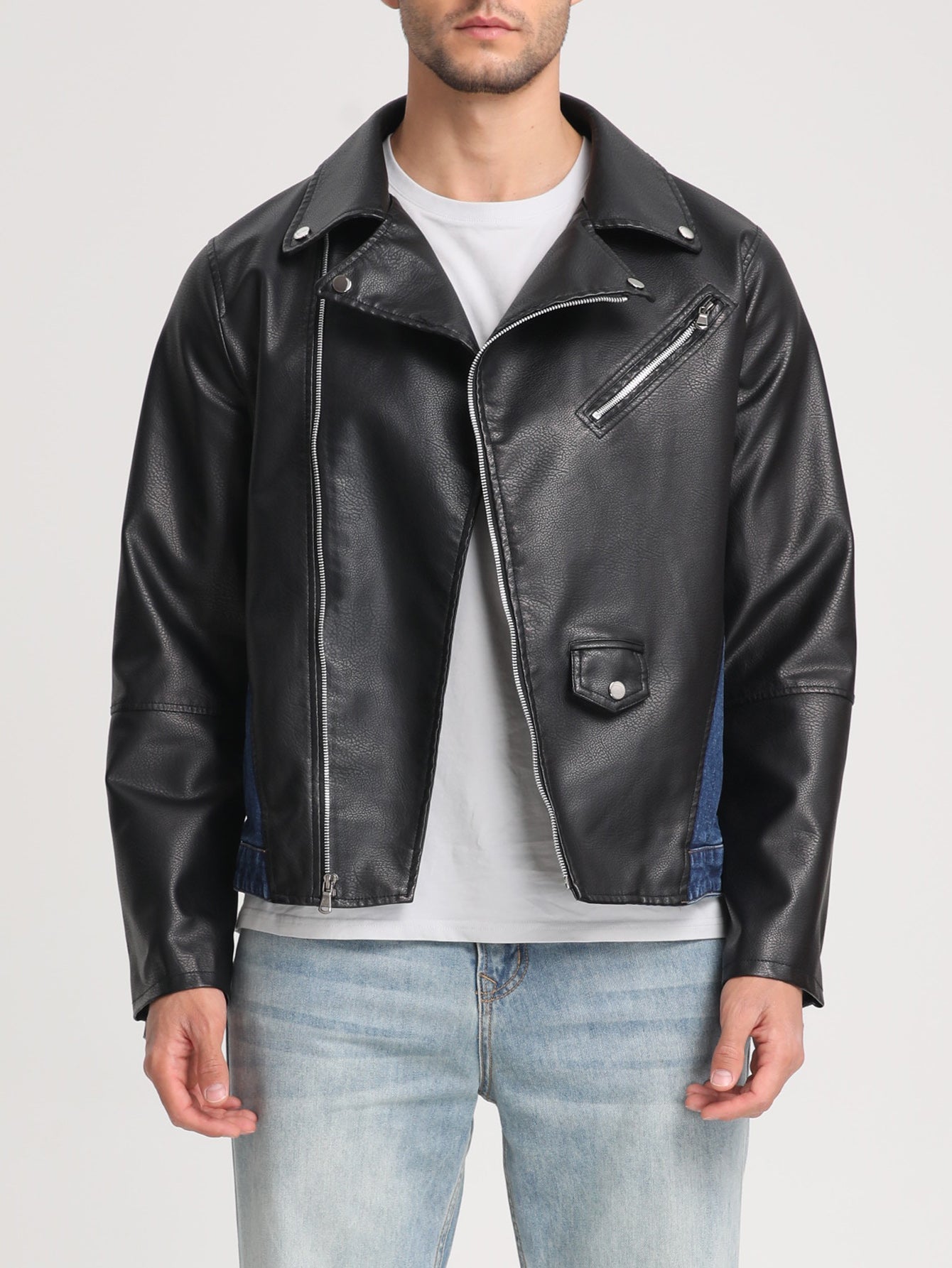 Men's Patchwork Denim Jacket, Diagonal Zipper Collared Work Jacket