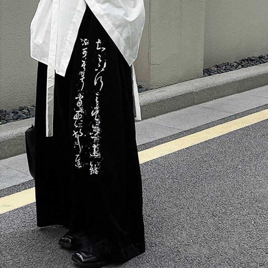 Chinese Retro Calligraphy Printing Drooping Wide-leg Pants Unisex Style