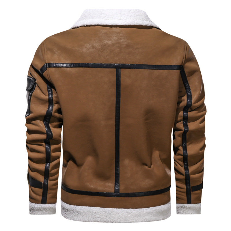 Men's European And American Style Lapel Plus Velvet Leather Jacket