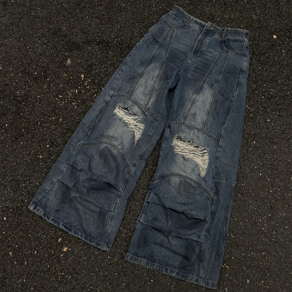 Men's American Distressed A-line Splicing Deconstructed Jeans