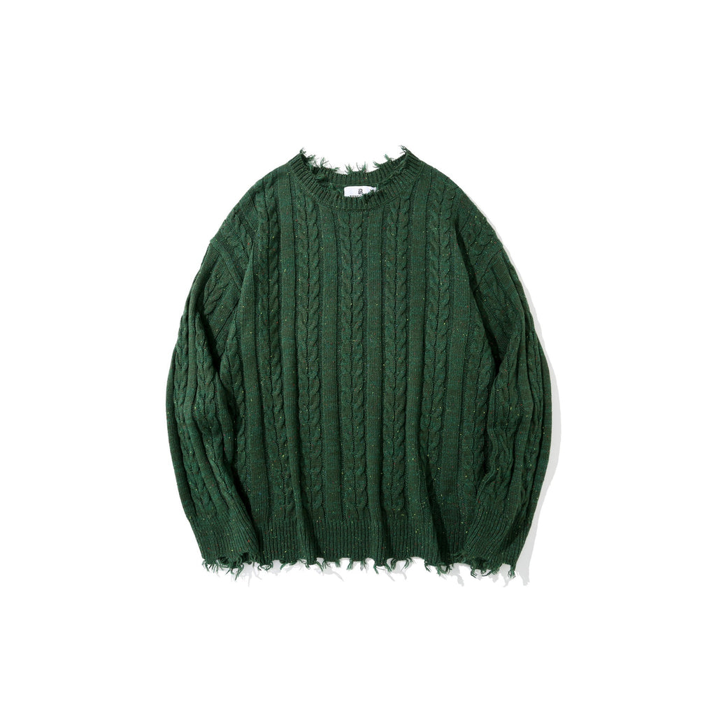 Pure Color Jacquard Twist Ripped Sweater Men's High Street Idle Style