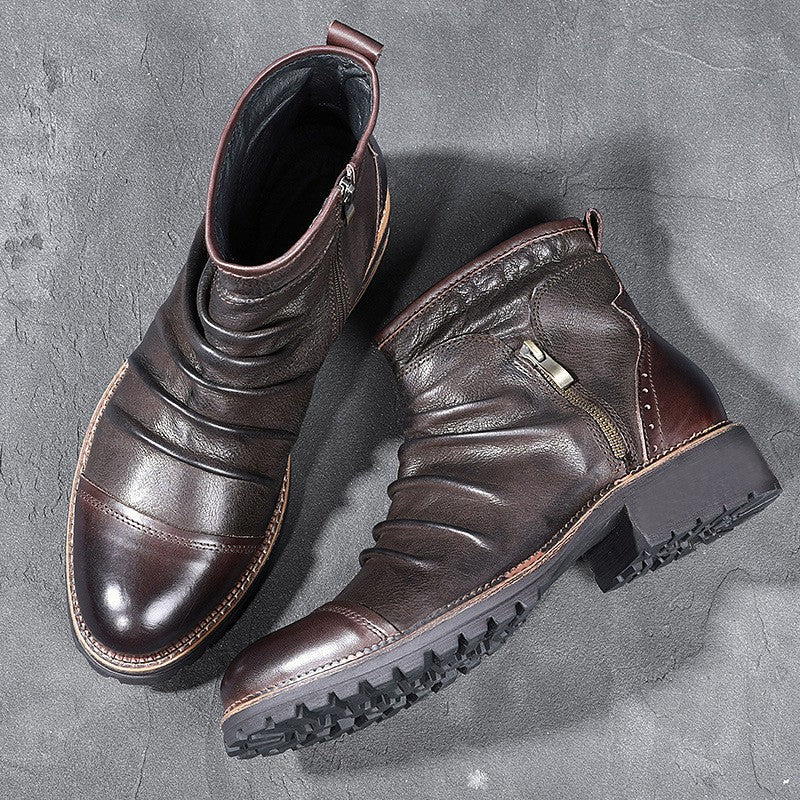 Retro Round Toe PU Leather Side Zipper Martin Chunky Heel Ankle Boots