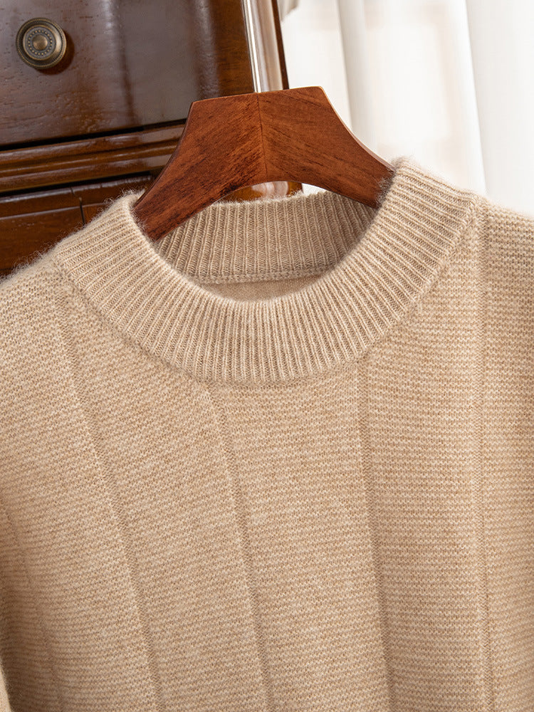 High Sense Autumn And Winter New Cashmere Sweater Men's Round Neck Striped Double Thick Sweater Casual Solid Color Bottoming Shirt