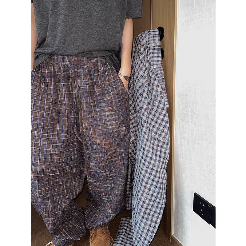 Retro Easy Matching Gradient Color Painted Bubble Plaid Casual Pants
