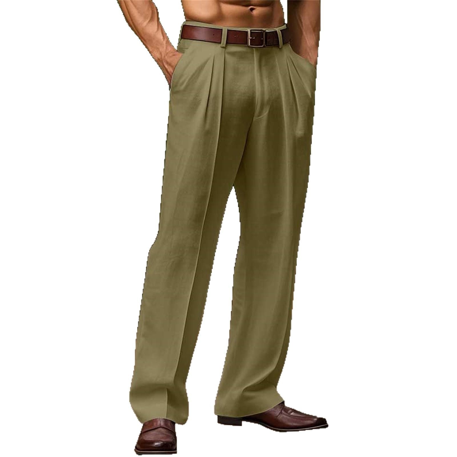 Slant Pockets Bifold Linen Solid Color Breathable And Loose Straight Men's Casual Pants