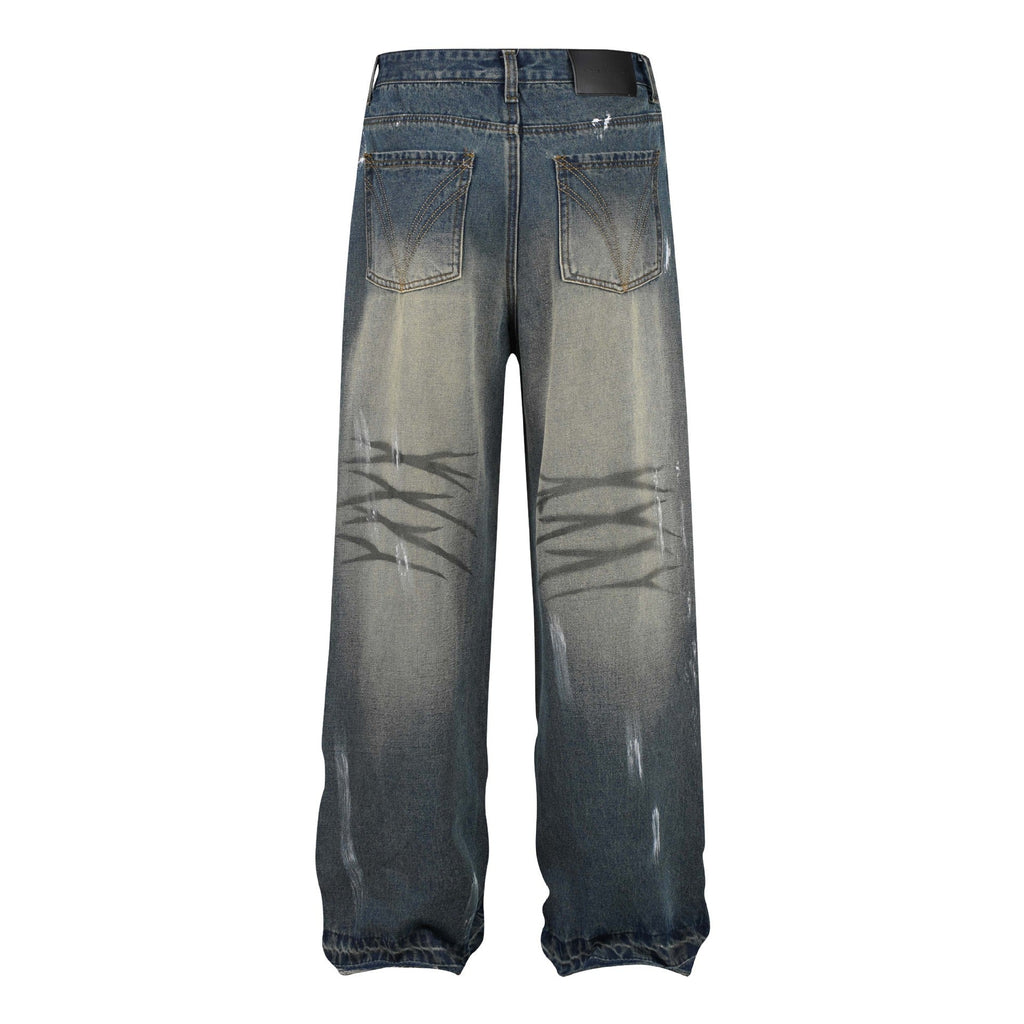Retro Washed Distressed Graffiti Stitching Jeans Wide-leg Straight Trousers