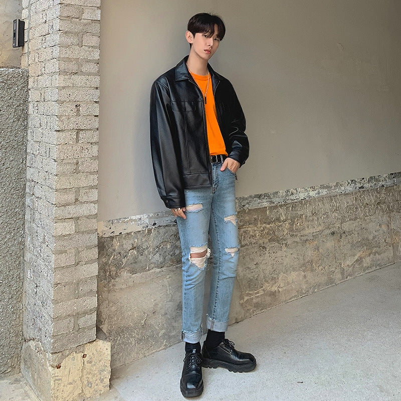 Men's Casual Lapel Collar Motorcycle Leather Jacket