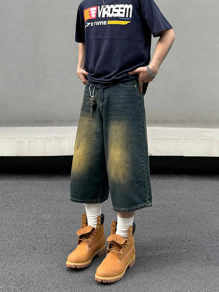 Niche High-grade Washed Distressed Cropped Jeans For Men