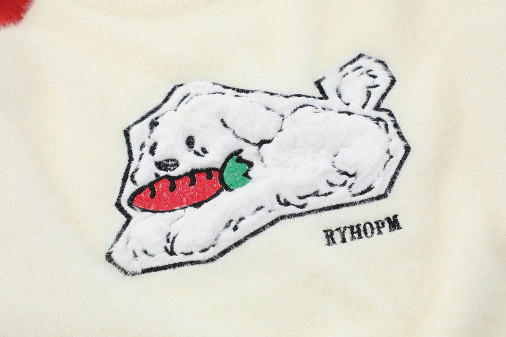 Sweet Cute Jacquard Furry Color-block Crew Neck Sweater