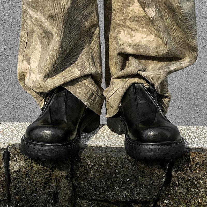 Inner Height Increasing Black Platform Warped Head Leather Shoes