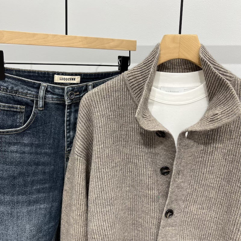 Stand Collar Cardigan Sweater Men Loose Casual Jacket