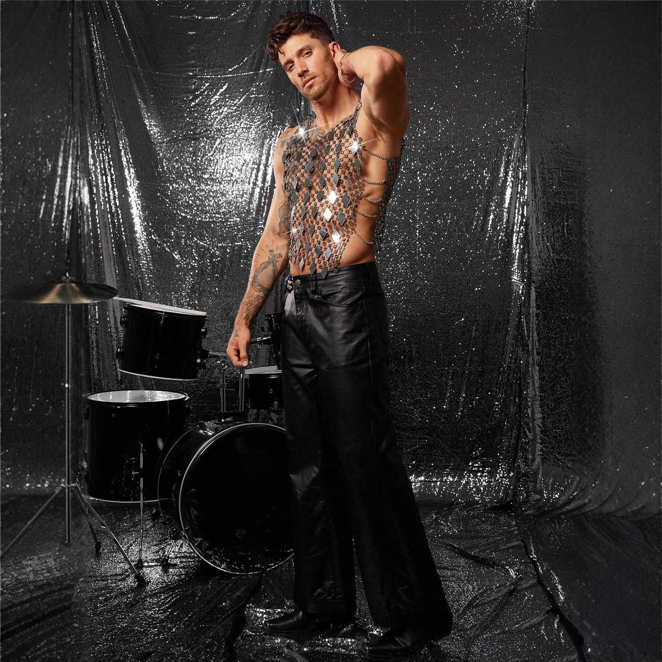 Men's Diamond Studded Fishing Net Hollow Diamond Bead Vest