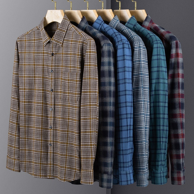 Men's Spring And Autumn Coat Casual Cotton Brushed Plaid Shirt