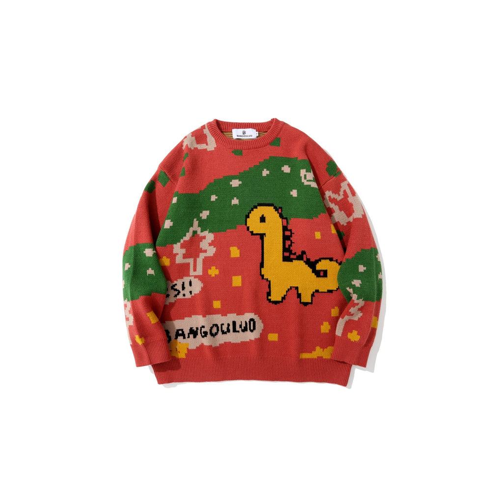 Men's Round Neck Dinosaur Print All-match Casual Loose Sweater