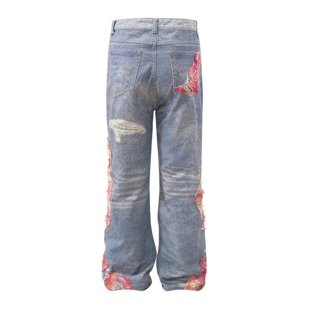 Design Color Matching Lace Denim Straight-leg Trousers Fashion