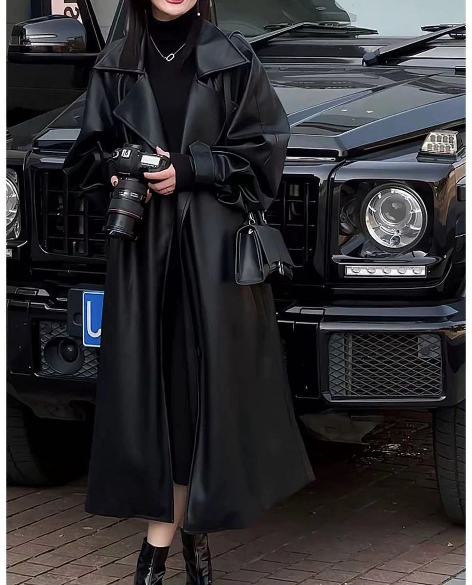 Women's Fashion Temperament Long Below The Knee Leather Coat