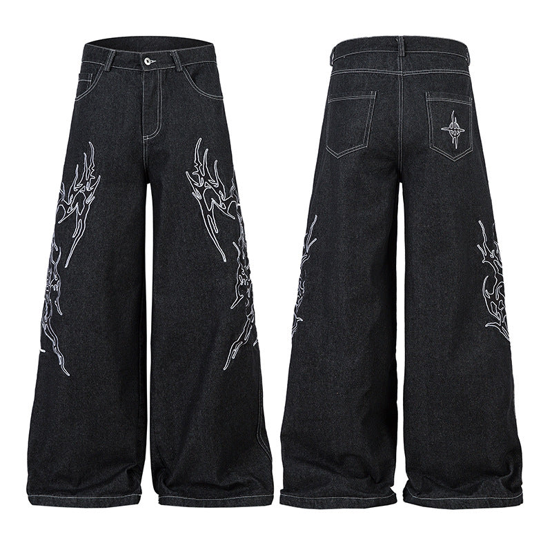 Embroidered Thorn Loose Wide-leg Floor-dragging Denim Pants