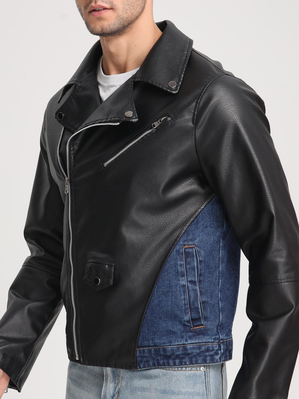 Men's Patchwork Denim Jacket, Diagonal Zipper Collared Work Jacket