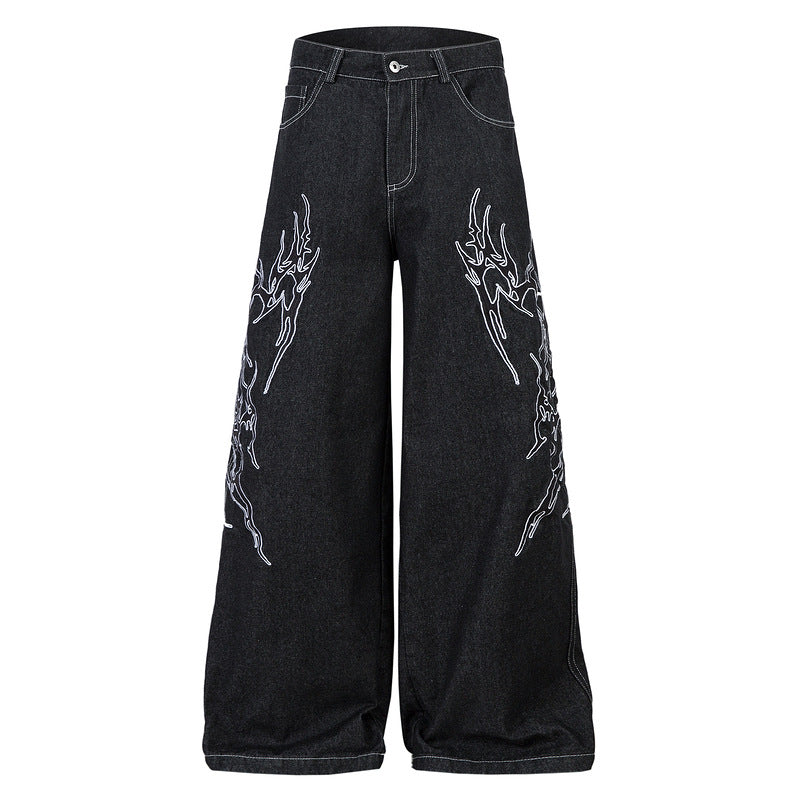 Embroidered Thorn Loose Wide-leg Floor-dragging Denim Pants