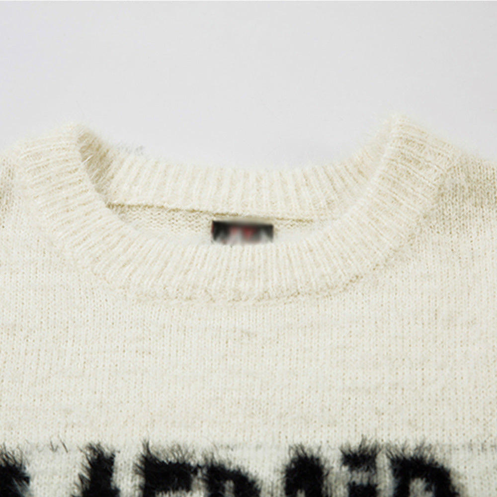 Letter Jacquard Loose Round Neck Sweater