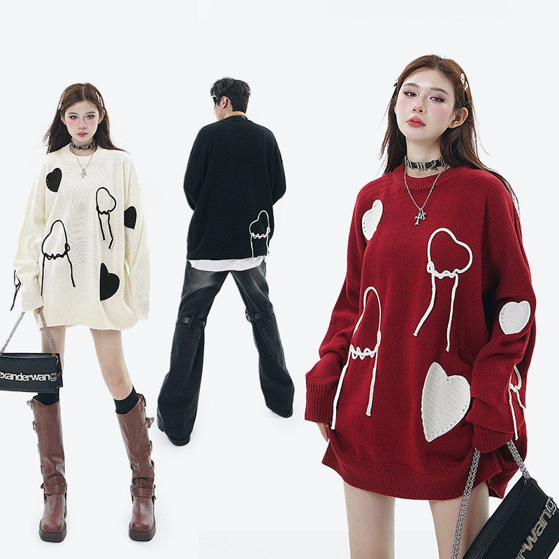 Love Embroidered Western Style Embroidered Round Neck Sweater