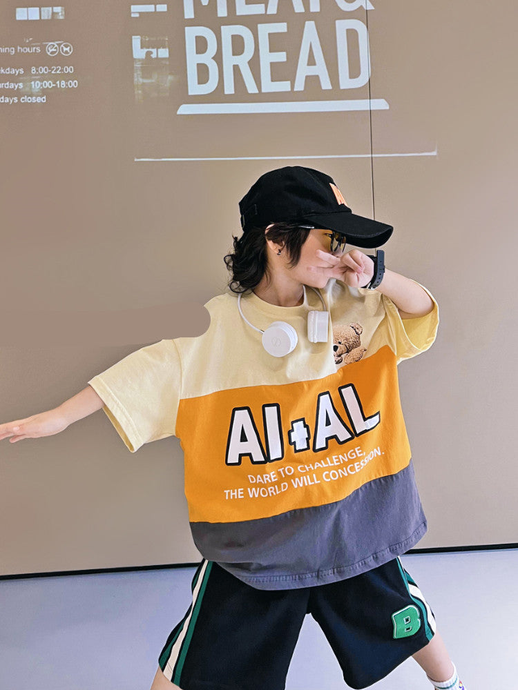 Children's Hip Hop Loose Contrast Color Cartoon Print Half Sleeve Top