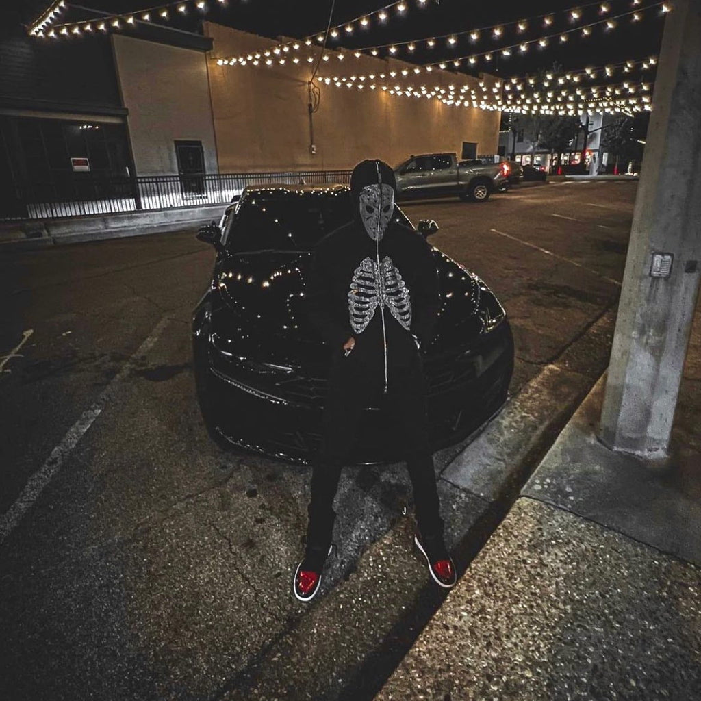 Trend Rhinestone Loose Hooded Cardigan Skull Sweatshirt
